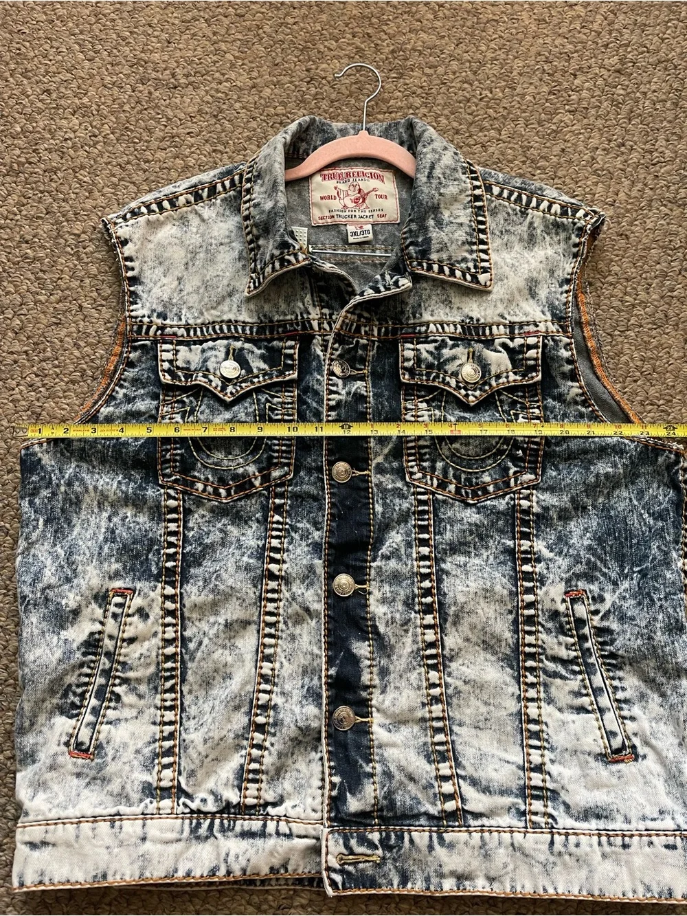 True Religion Acid Wash Denim Trucker Vest Sleeveless Jean Jacket Big Tall 3XL